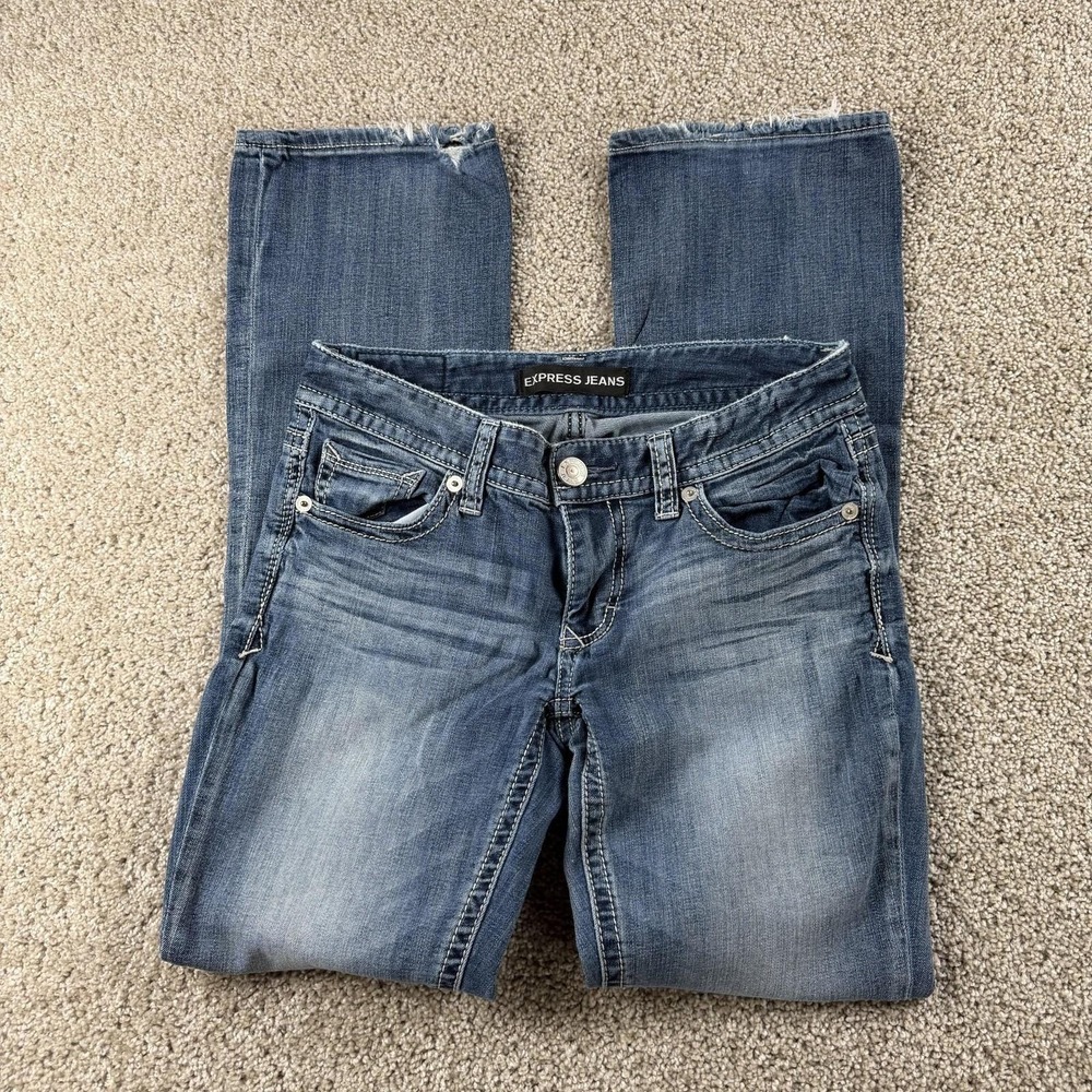 Y2K Express Barely Boot Stella Jeans Womens 4 Blue Med Wash Low Rise Distressed